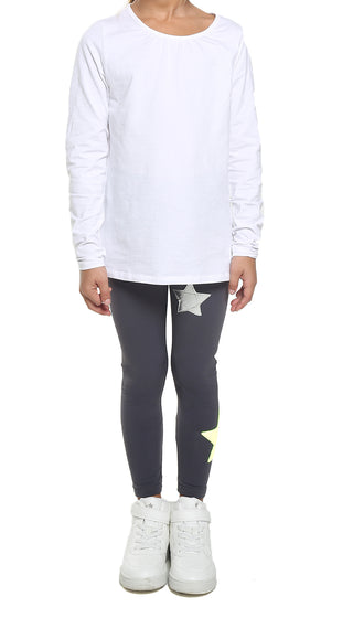 Leggings Bambina in lycra grigio piombo con stelle applicate argento e giallo fluo - L'Equilibriste