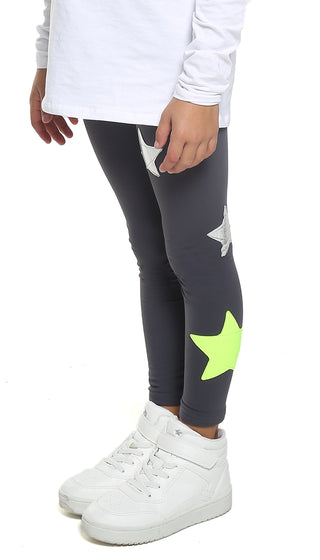 Leggings Bambina in lycra grigio piombo con stelle applicate argento e giallo fluo - L'Equilibriste