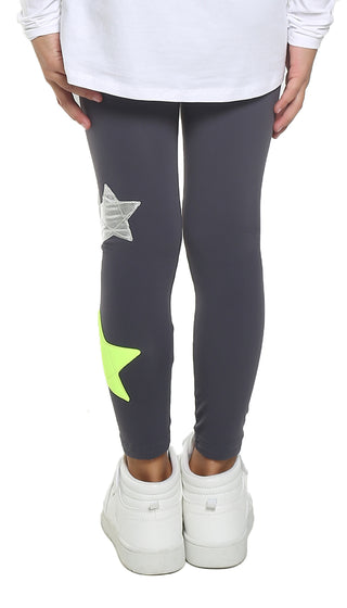 Leggings Bambina in lycra grigio piombo con stelle applicate argento e giallo fluo - L'Equilibriste