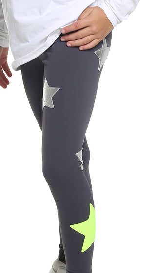 Leggings Bambina in lycra grigio piombo con stelle applicate argento e giallo fluo - L'Equilibriste