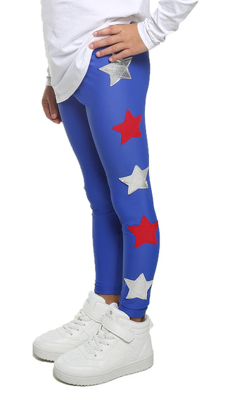 Leggings Bambina in lycra blu elettrico con stelle applicate rosse e argento - L'Equilibriste