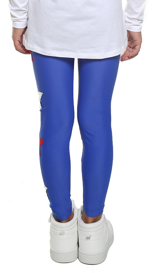 Leggings Bambina in lycra blu elettrico con stelle applicate rosse e argento - L'Equilibriste