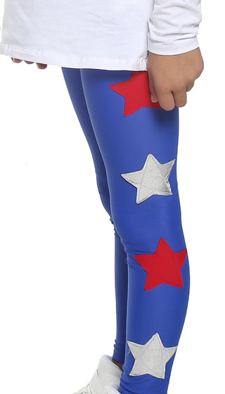 Leggings Bambina in lycra blu elettrico con stelle applicate rosse e argento - L'Equilibriste