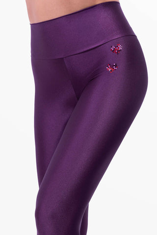 Amoureuse Leggings Prugna con tre cuori in cristalli applicati