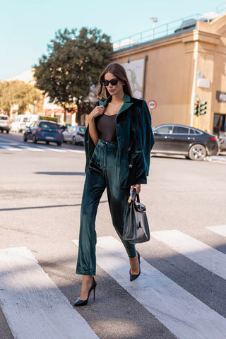 Rock Star Pantalone Verde Bottiglia in Velluto