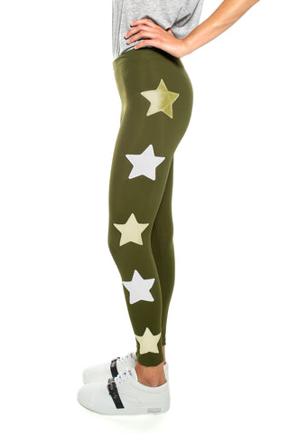 Leggings verde militare con stelle applicate