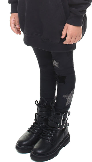 Leggings bambina in lycra neri con stelle applicate in velluto nero e in lurex - L'Equilibriste