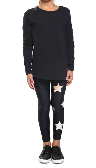 Leggings Bambina in lycra neri con stelle applicate rosa cipria e argento - L'Equilibriste