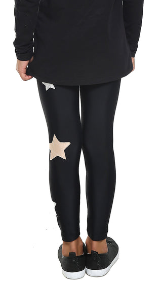 Leggings Bambina in lycra neri con stelle applicate rosa cipria e argento - L'Equilibriste