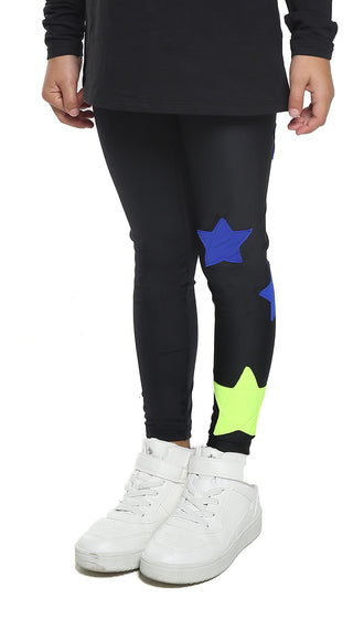 Leggings Bambina in lycra neri con stelle applicate blu elettriche e gialle fluo - L'Equilibriste