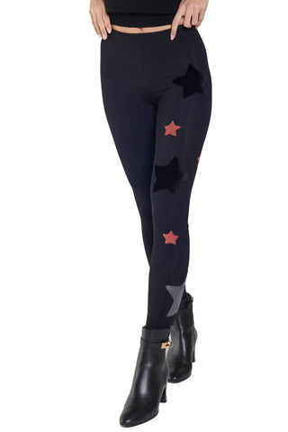 Cascata di Stelle Leggings aus Fleece-Lycra in Schwarz und antiken rosa Sternen