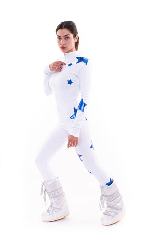 White jumpsuit with blue lurex stars