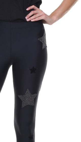 Leggings in lycra neri con stelle applicate in velluto nero e in lurex - L'Equilibriste